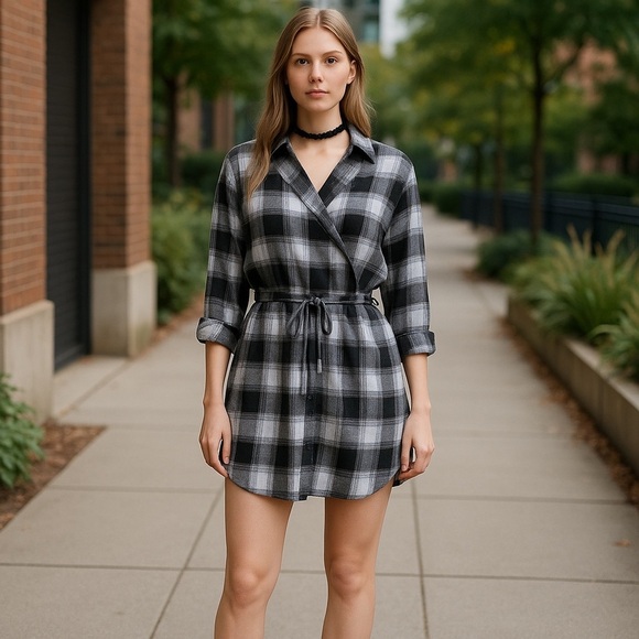 Hummingbird Women’s Small Black Mini Plaid Wrap Around Dress High Low Pockets - Picture 1 of 8
